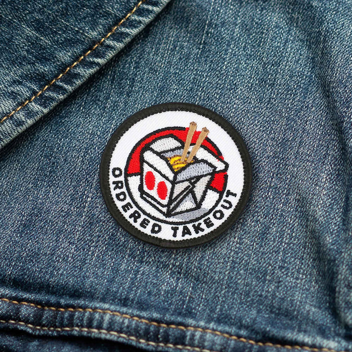Ordered Takeout individual adulting merit badge patch for adults on denim jacket