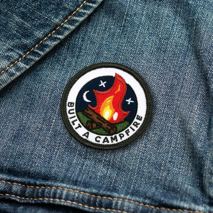 Built A Campfire adulting merit badge patch for adults on denim jacket