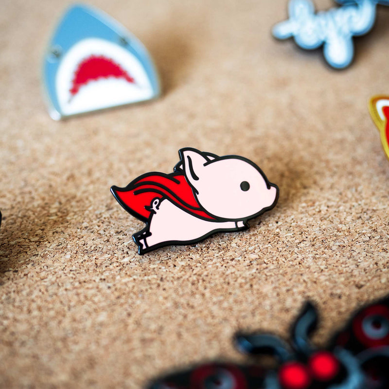 Flying Pig with Red Superhero Cape hard enamel pin