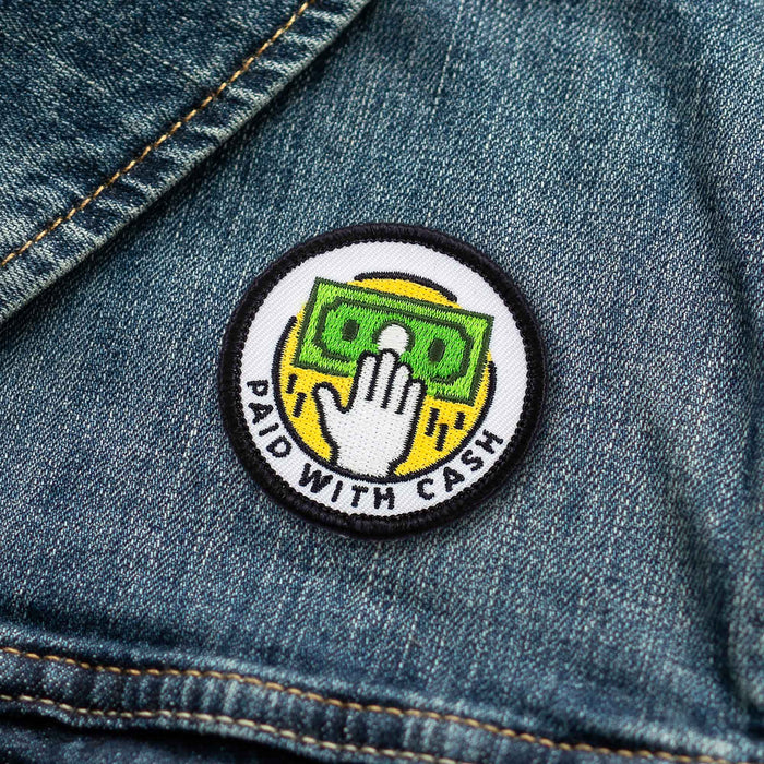 Paid With Cash adulting merit badge patch for adults on denim jacket