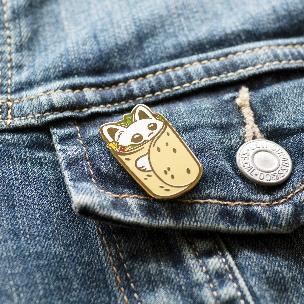 Purrito Burrito Cat hard enamel pin on denim jacket