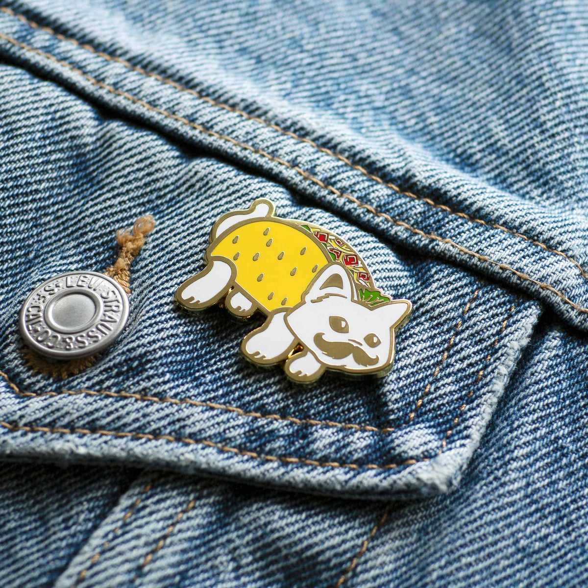 Taco Cat Spelled Backwards Is Taco Cat hard enamel pin on denim jacket