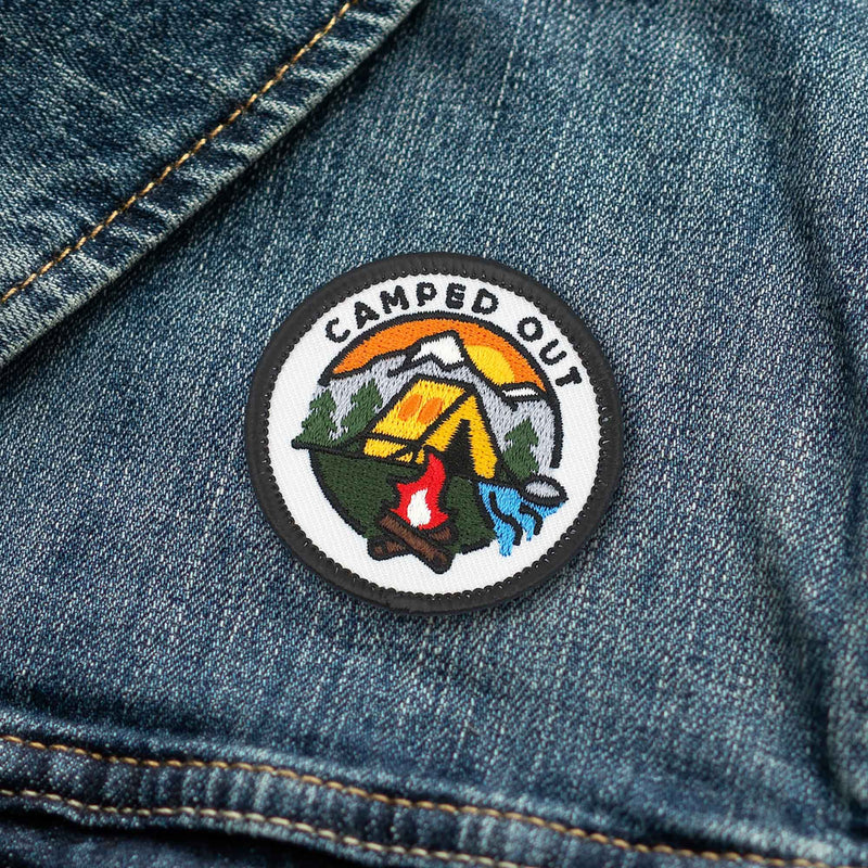 Camped Out Camping individual adulting merit badge patch for adults on denim jacket