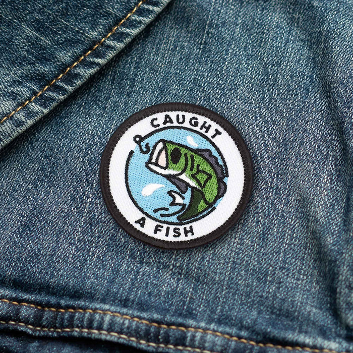 Caught A Fish Fishing individual adulting merit badge patch for adults on denim jacket