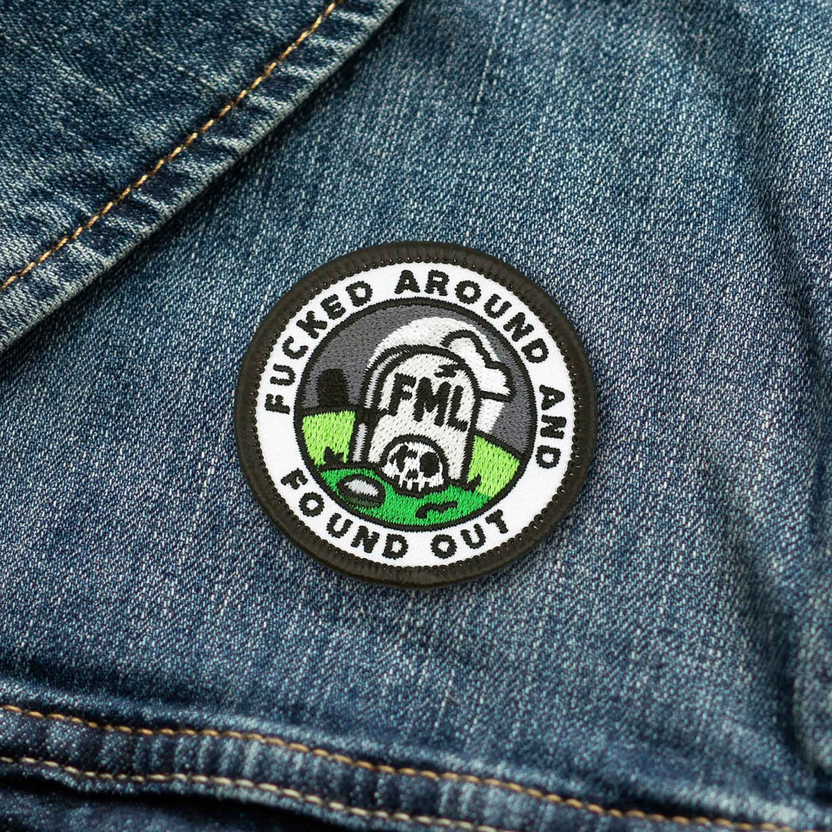 Fucked Around And Found Out individual adulting merit badge patch for adults on denim jacket