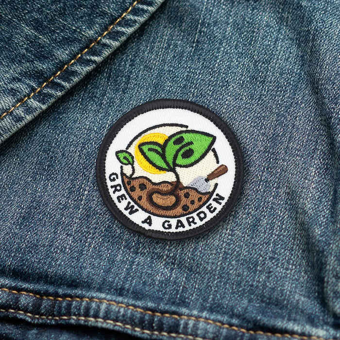 Grew A Garden Seed individual adulting merit badge patch for adults on denim jacket