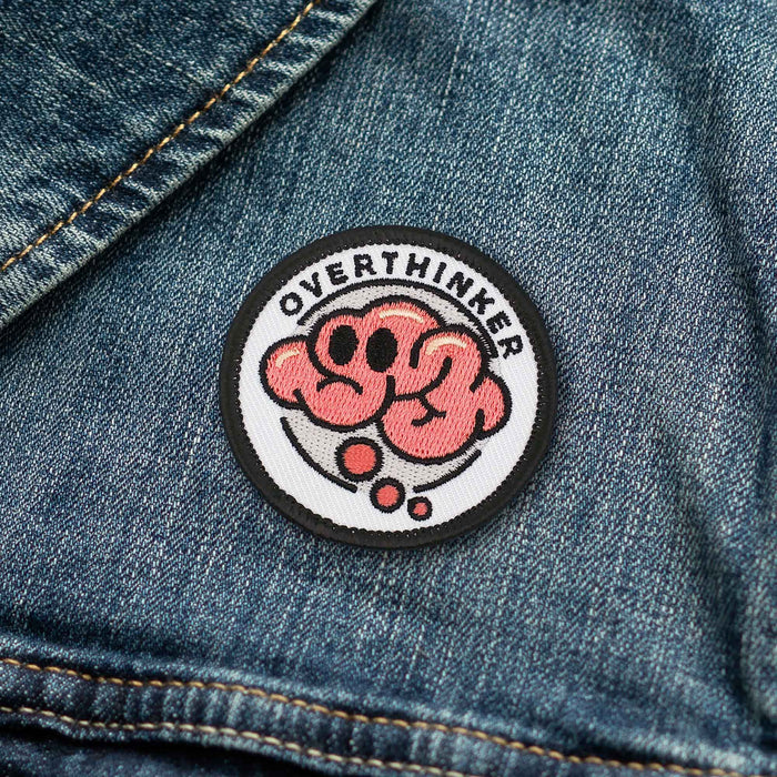 Overthinker Brain individual adulting merit badge patch for adults on denim jacket
