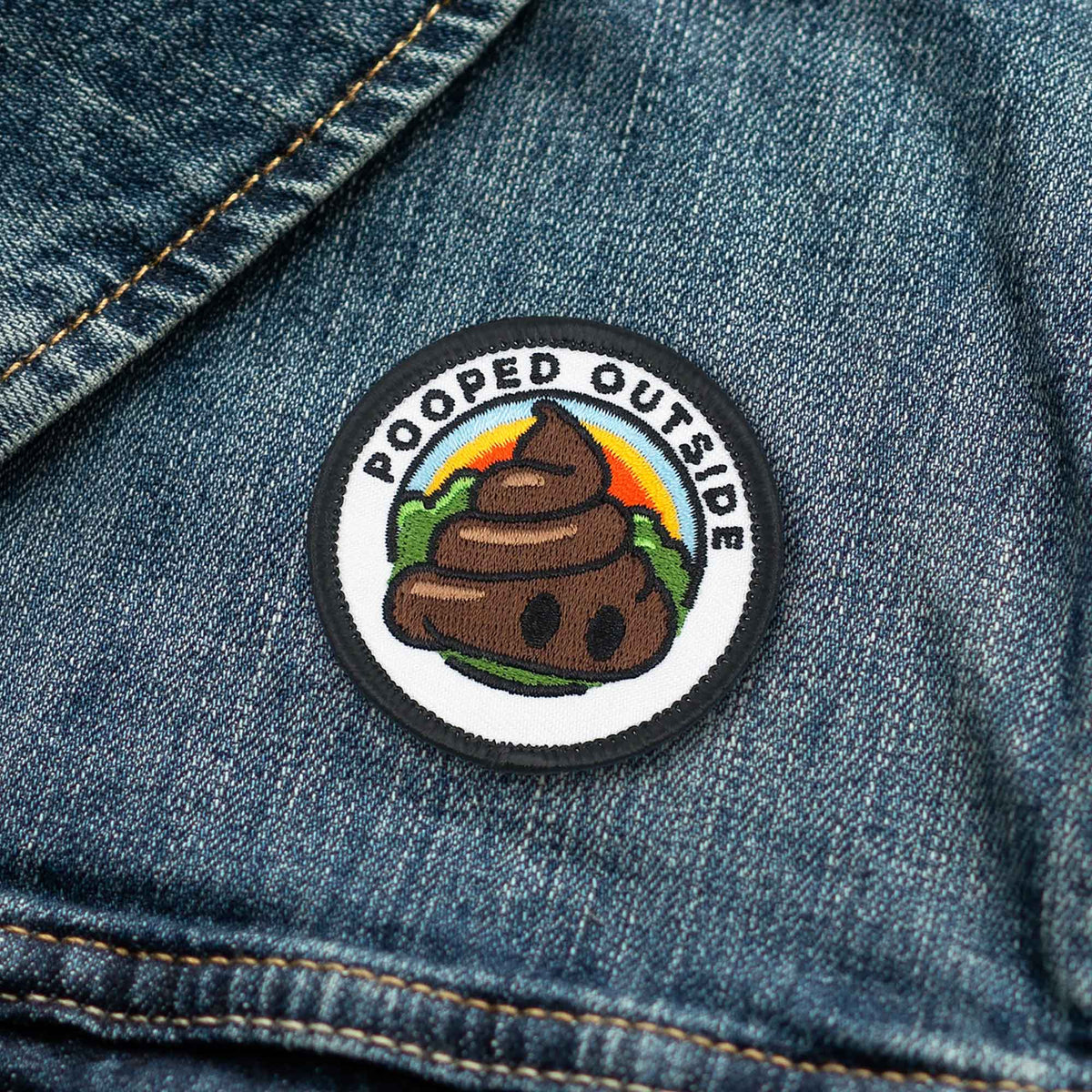 Pooped Outside individual adulting merit badge patch for adults on denim jacket