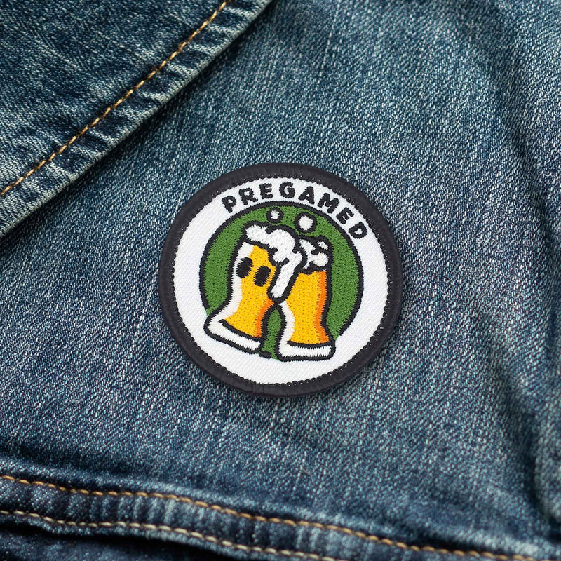 Pregamed Drinking Beer Cheers individual adulting merit badge patch for adults on denim jacket