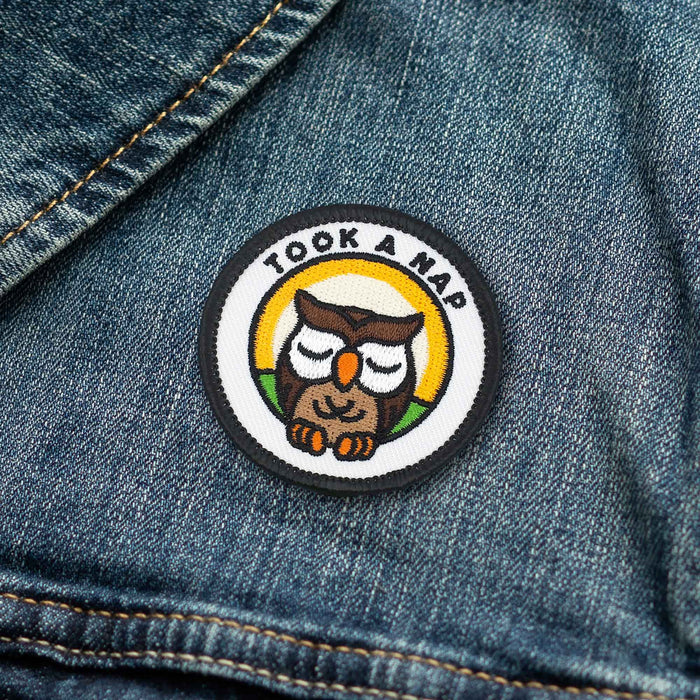 Took A Nap Owl individual adulting merit badge patch for adults on denim jacket
