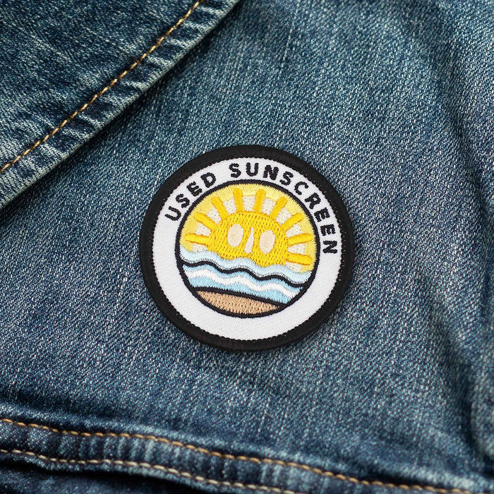 Used Sunscreen individual adulting merit badge patch for adults on denim jacket