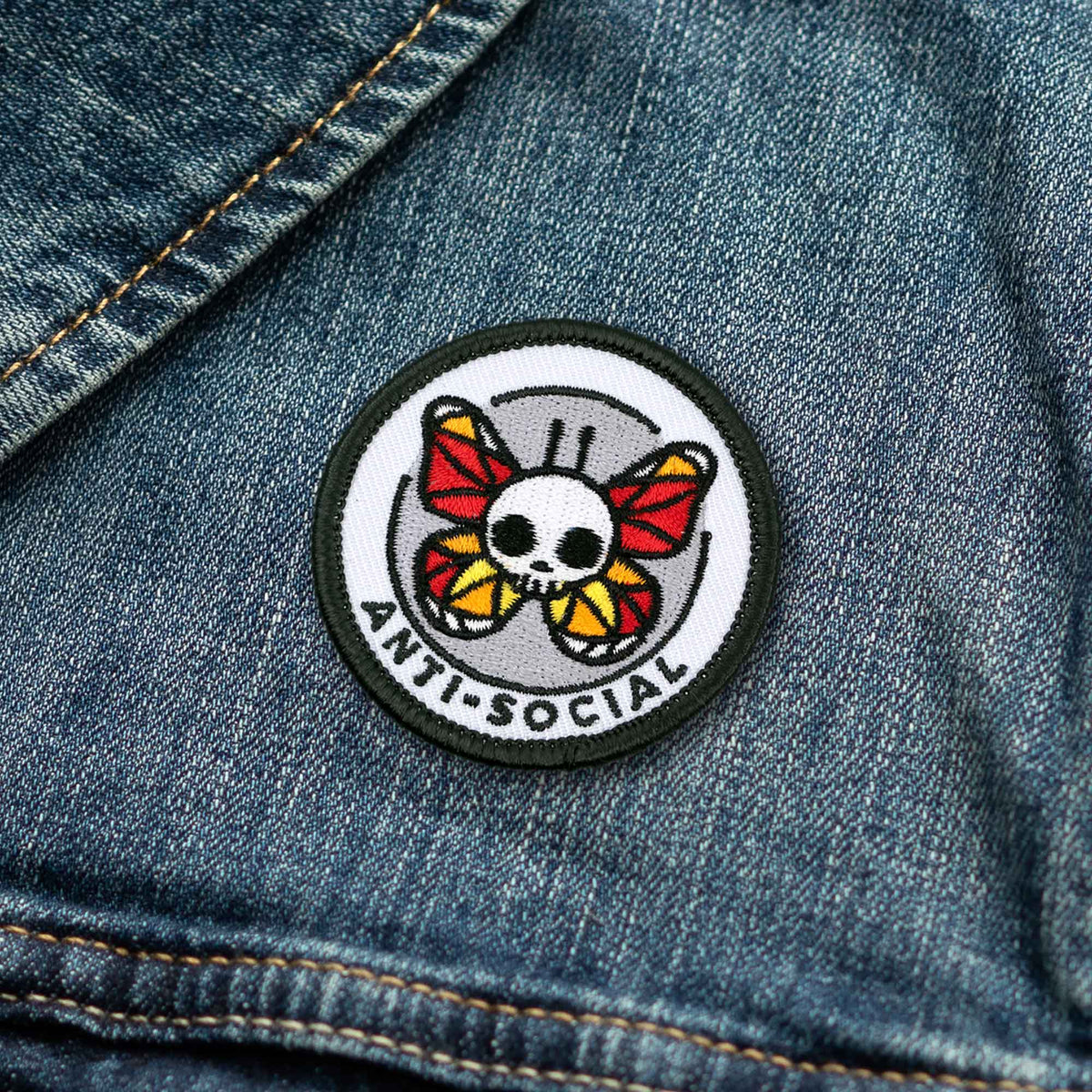 Anti-Social adulting merit badge patch for adults on denim jacket