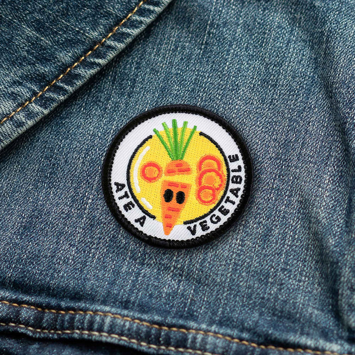 Ate A Vegetable adulting merit badge patch for adults on denim jacket