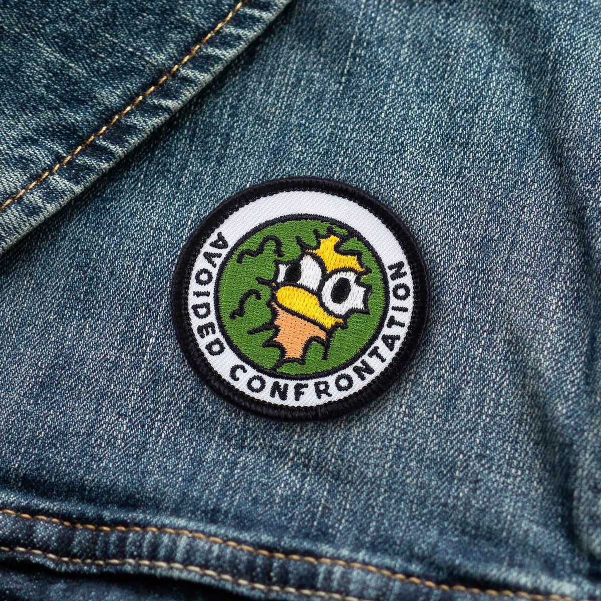 Avoided Confrontation adulting merit badge patch for adults on denim jacket