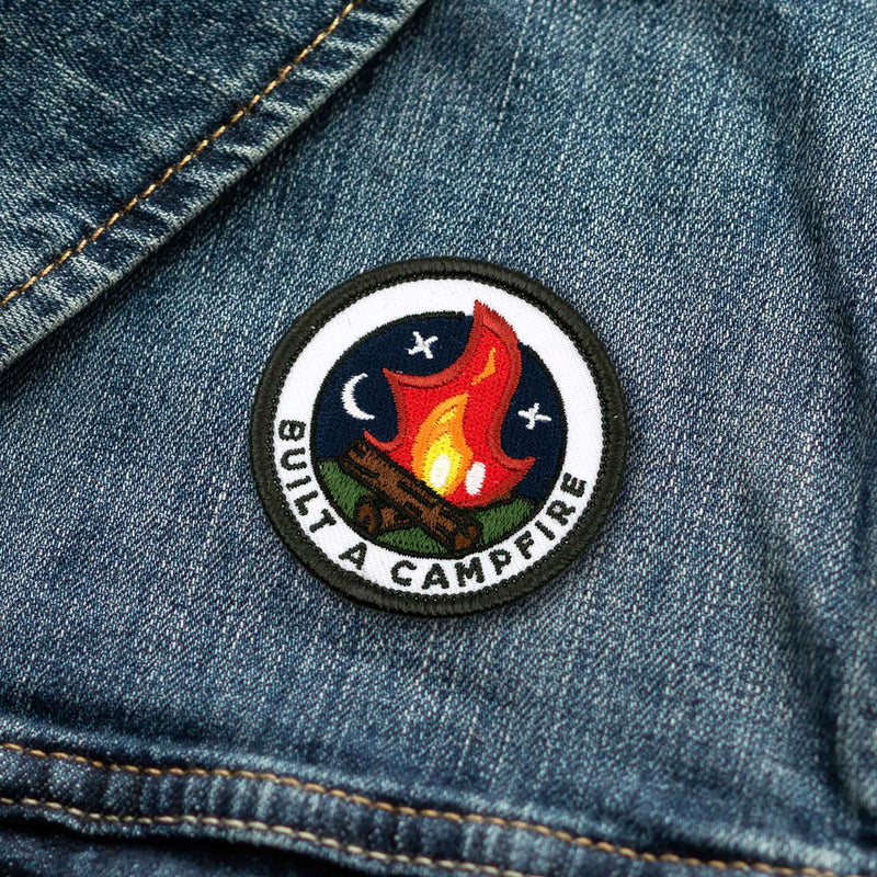 Built A Campfire adulting merit badge patch for adults on denim jacket