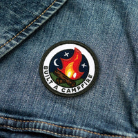 Built A Campfire adulting merit badge patch for adults on denim jacket