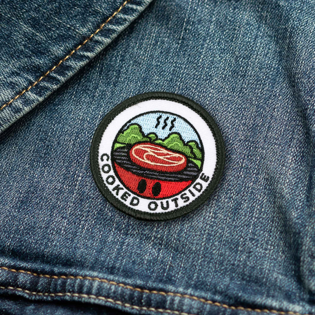 Cooked Outside adulting merit badge patch for adults on denim jacket