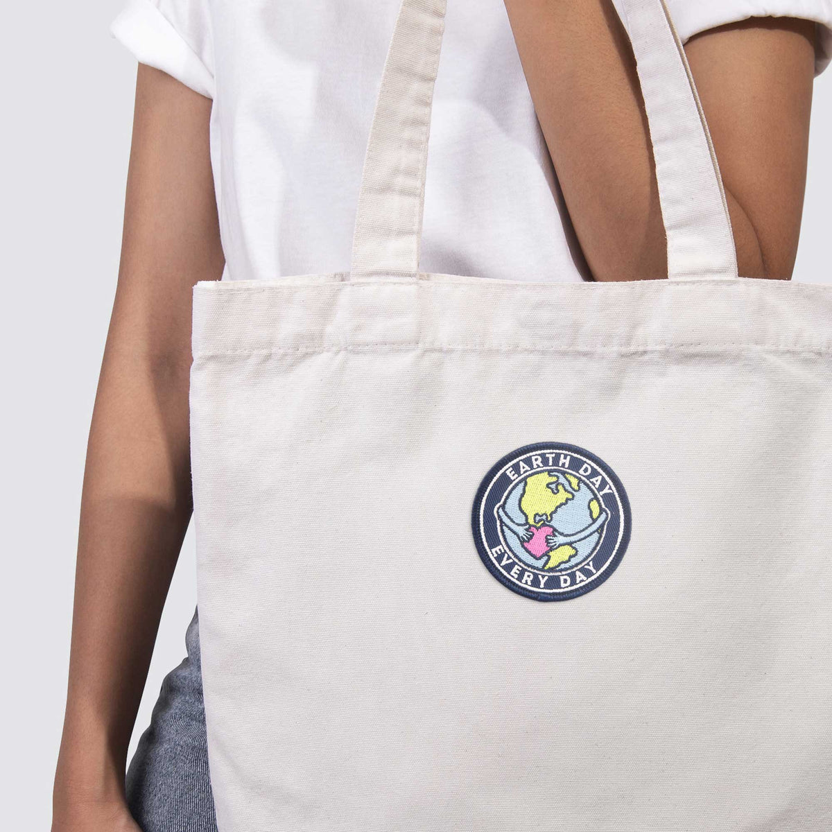 Earth Day Every Day patch on tote bag