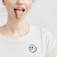 Flying Ghost with Stuck Out Tongue patch on t-shirt