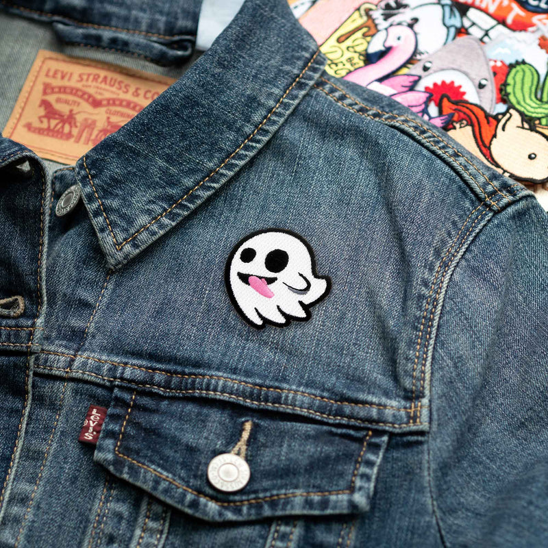 Flying Ghost with Stuck Out Tongue patch on denim jacket
