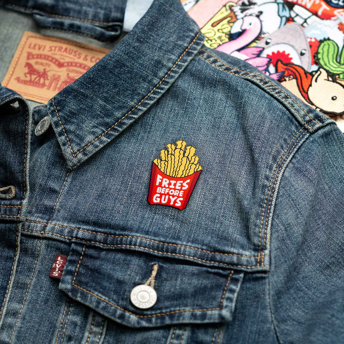 Fries Before Guys patch on denim jacket