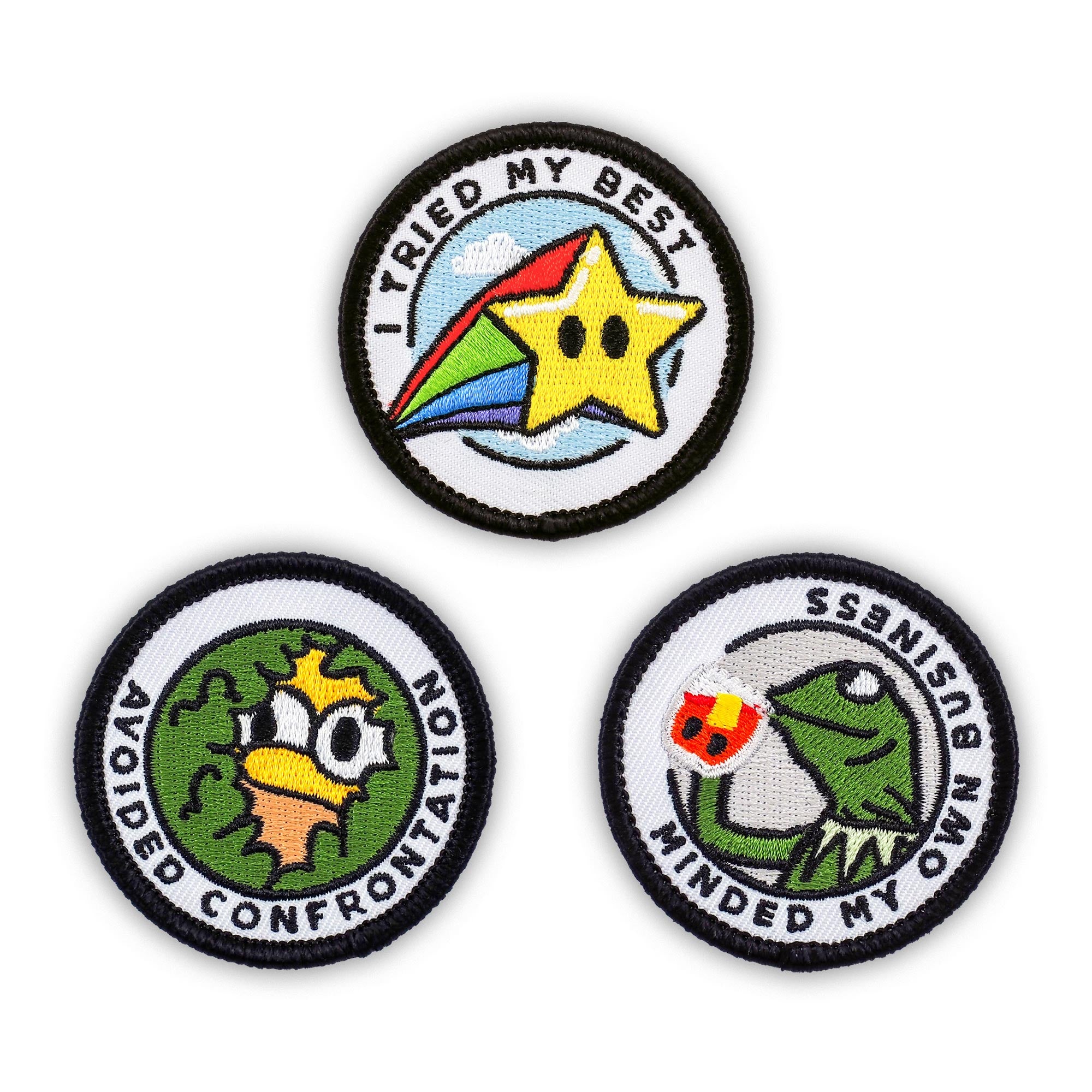 Winks for Days Adulting Merit Badge Embroidered Iron-On Patches (Funny - Set 1) - Includes Three (3) 2” Patches: Avoided Confrontation, I Tried My