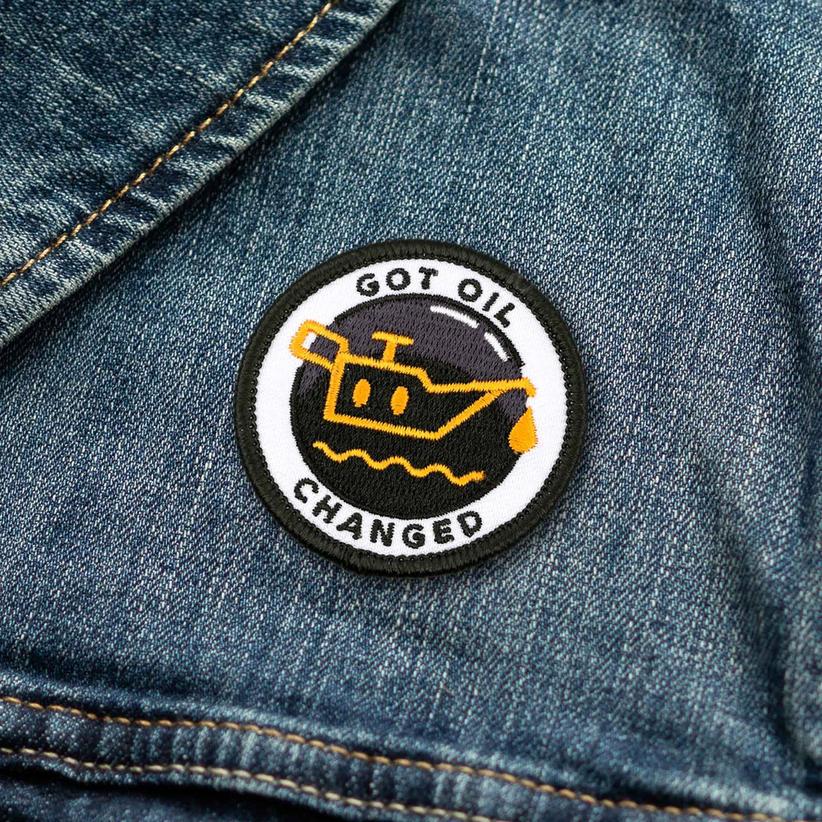 Got Oil Changed adulting merit badge patch for adults on denim jacket