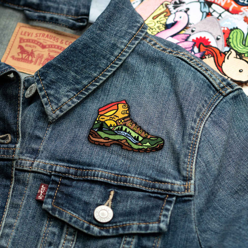 Hiked It Liked It Hiking Boot patch on denim jacket