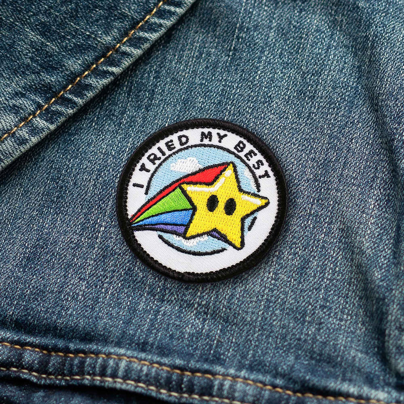 I Tried My Best adulting merit badge patch for adults on denim jacket