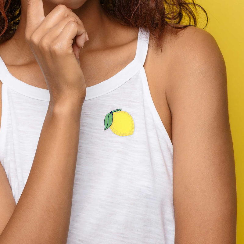 Lemon Emoji patch on white tank top
