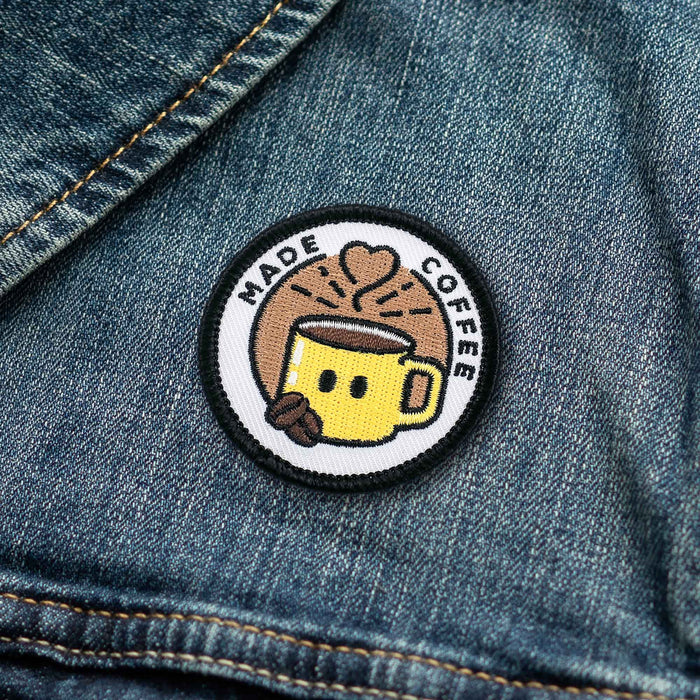 Made Coffee adulting merit badge patch for adults on denim jacket