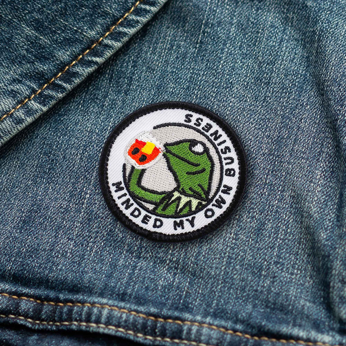 Minded My Own Business adulting merit badge patch for adults on denim jacket