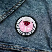 Only Had One Glass adulting merit badge patch for adults on denim jacket