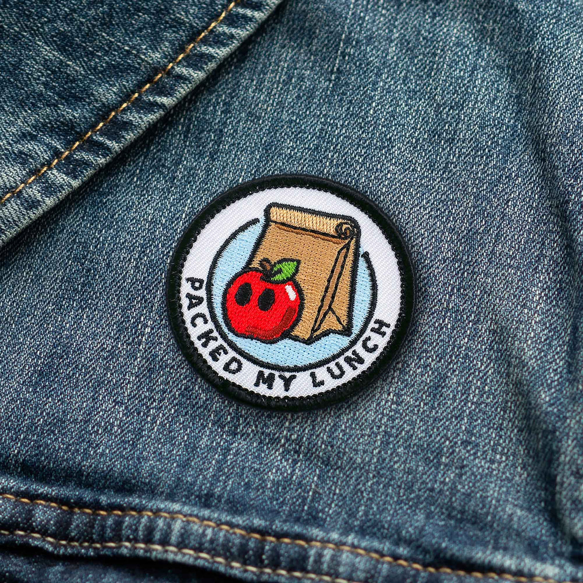 Packed My Lunch adulting merit badge patch for adults on denim jacket