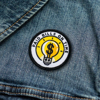 Paid Bills On Time adulting merit badge patch for adults on denim jacket