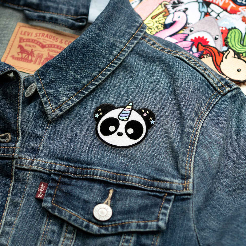Pandacorn patch on denim jacket
