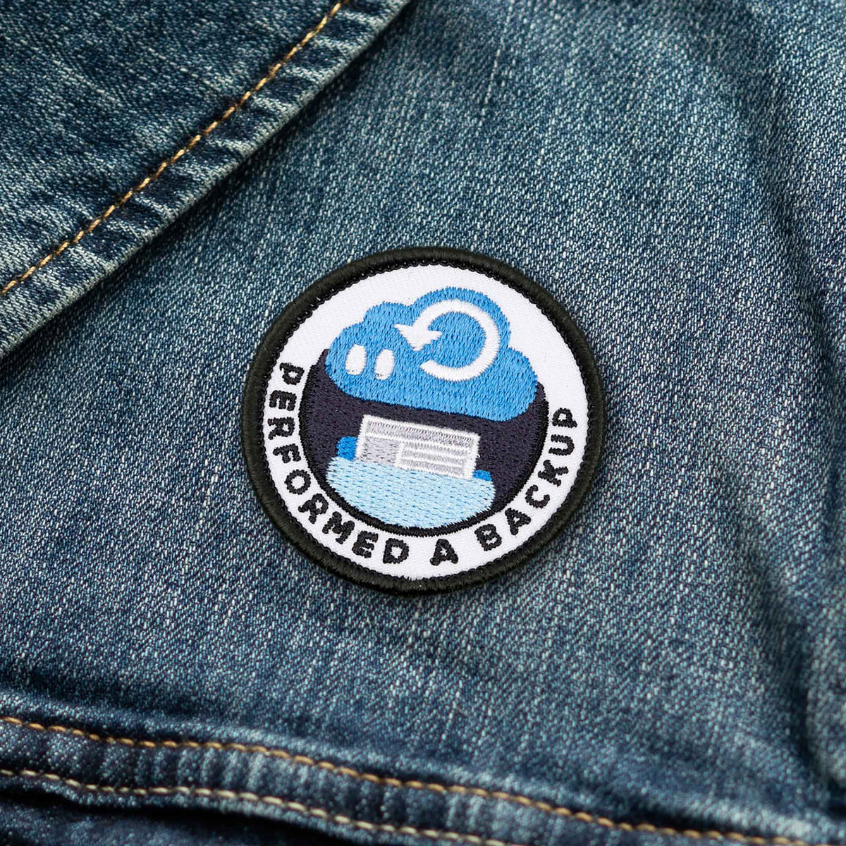 Performed A Backup adulting merit badge patch for adults on denim jacket