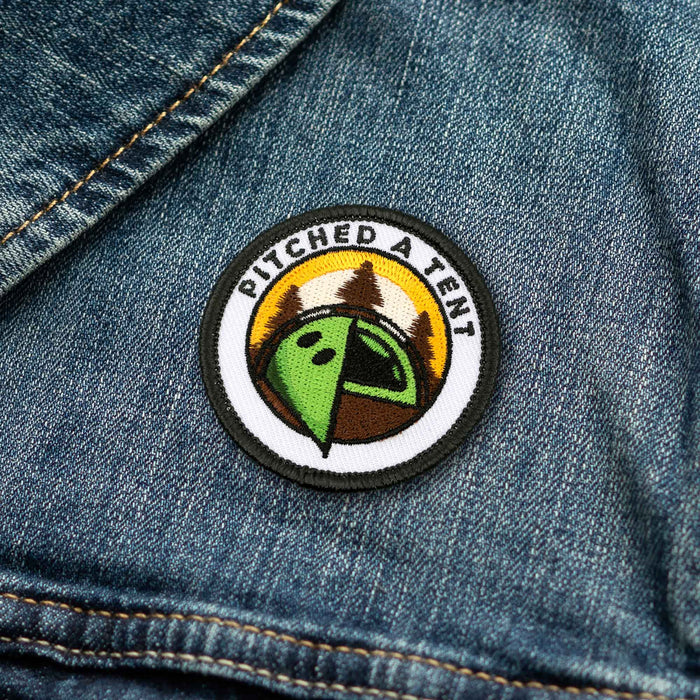 Pitched A Tent adulting merit badge patch for adults on denim jacket