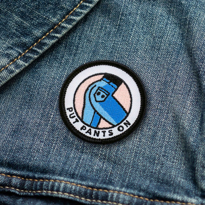 Put Pants On adulting merit badge patch for adults on denim jacket