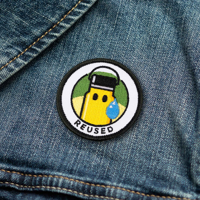 Reused adulting merit badge patch for adults on denim jacket