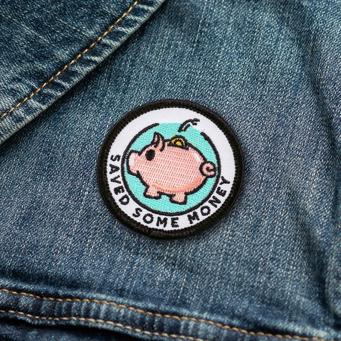 Saved Some Money adulting merit badge patch for adults on denim jacket