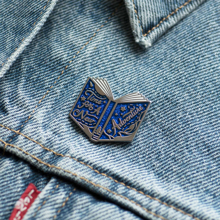 Time For A New Adventure Book hard enamel pin on denim jacket