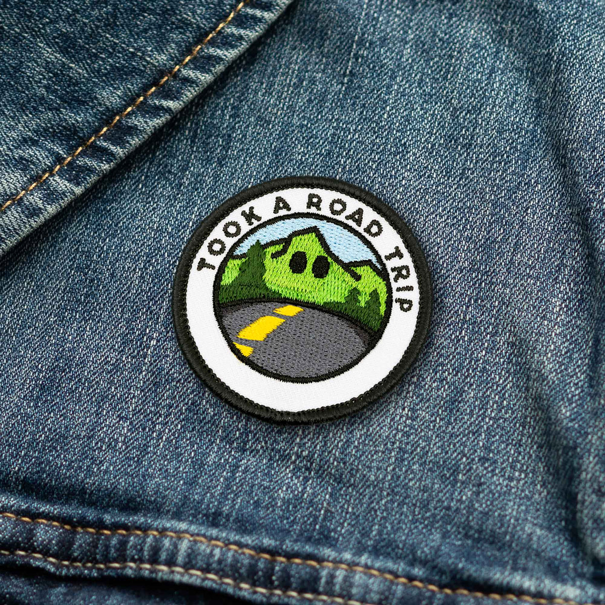 Took A Road Trip individual adulting merit badge patch for adults on denim jacket