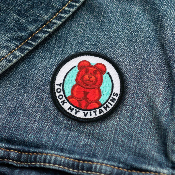 Took My Vitamins individual adulting merit badge patch for adults on denim jacket