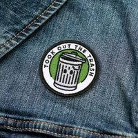 Took Out The Trash individual adulting merit badge patch for adults on denim jacket
