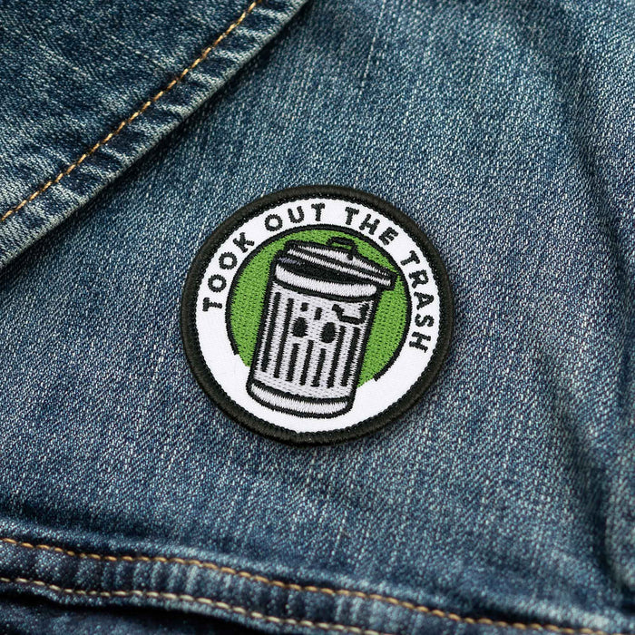 Took Out The Trash individual adulting merit badge patch for adults on denim jacket