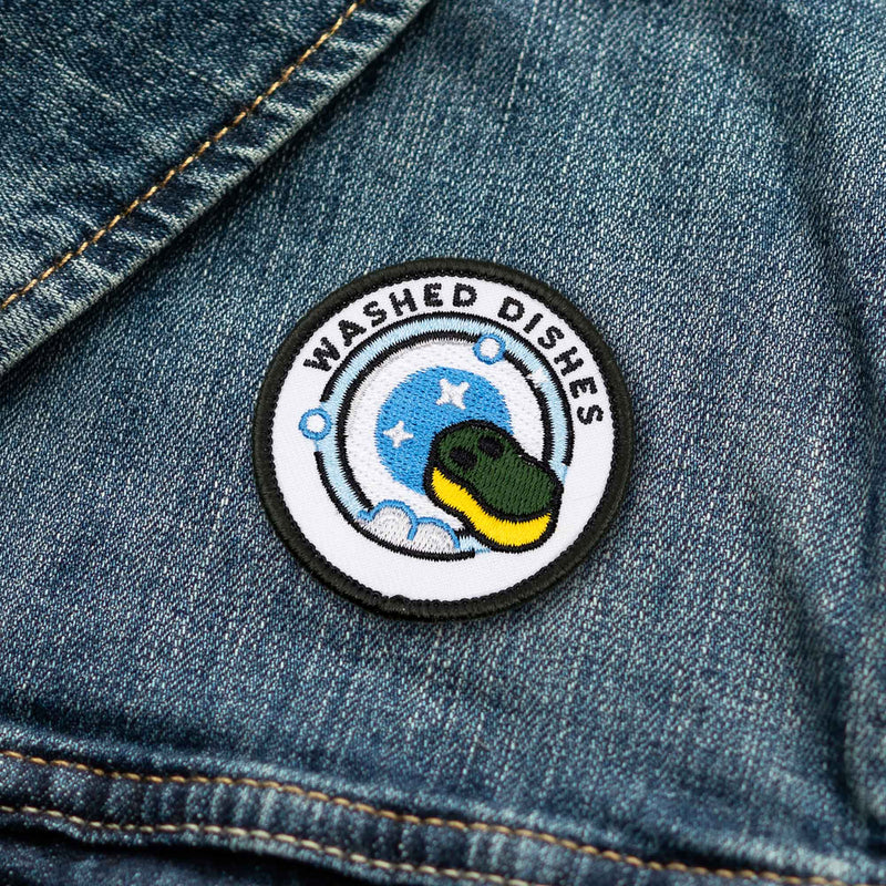 Washed Dishes individual adulting merit badge patch for adults on denim jacket