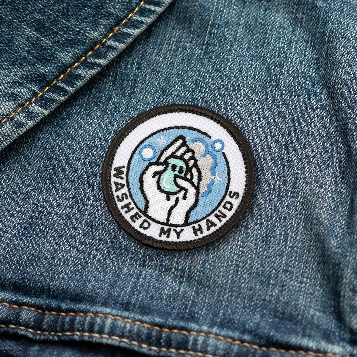 Washed My Hands individual adulting merit badge patch for adults on denim jacket