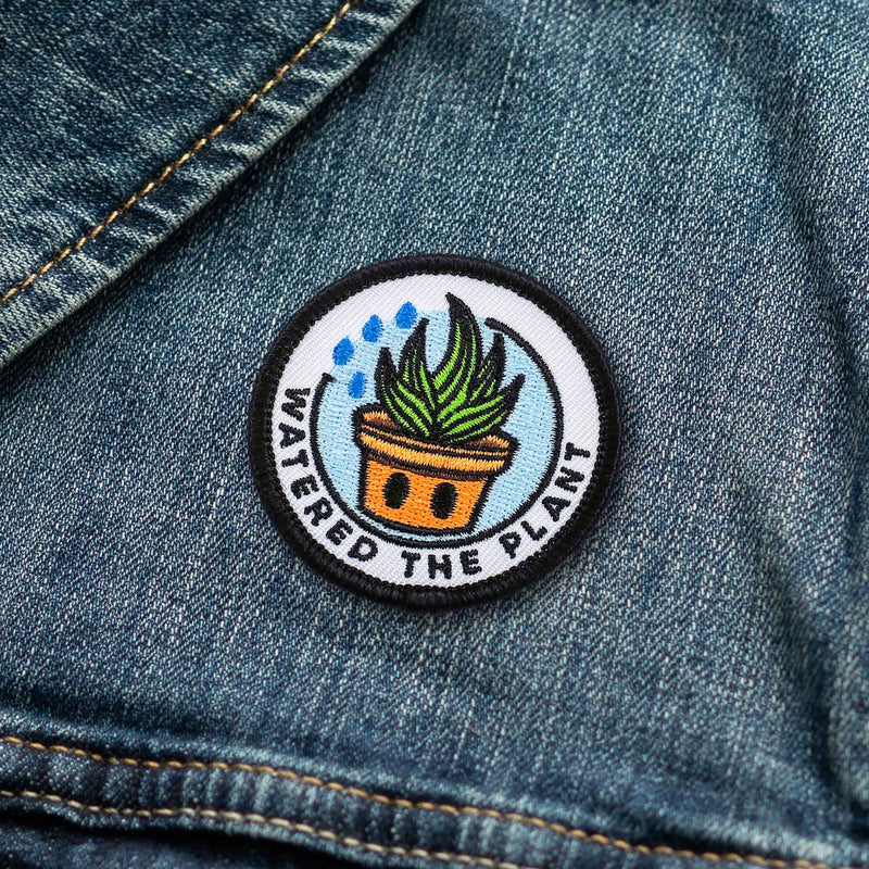 Watered The Plant individual adulting merit badge patch for adults on denim jacket